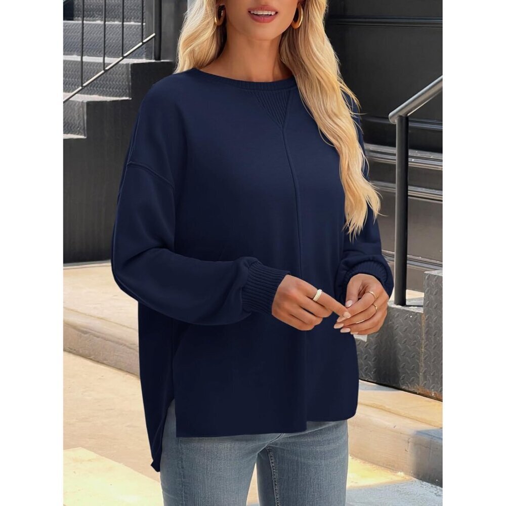 Womens Oversized Sweatshirt Knit Long Sleeve Crewneck Casual Fall Outerwear - Picture 3 of 7